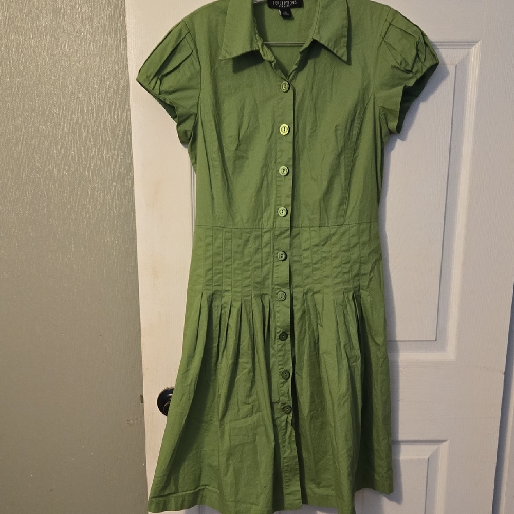 Perceptions Green Pleated Midi Dress with Puff Cap Sleeves